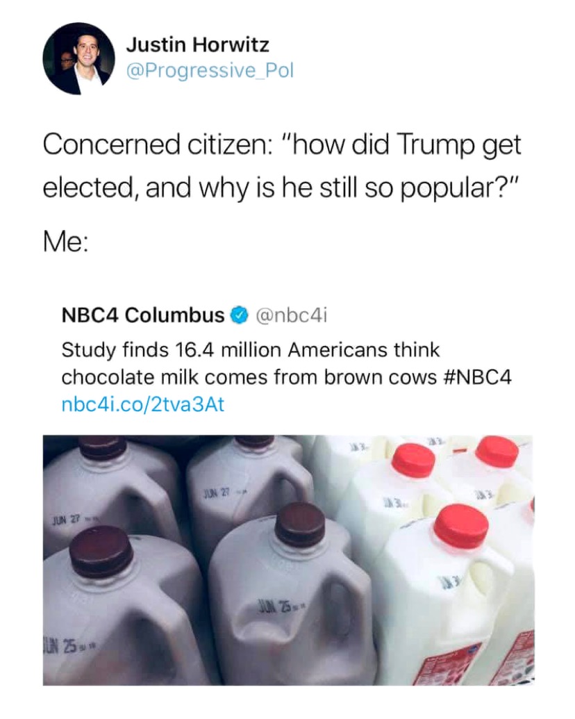 americans think chocolate milk comes from brown cows - Justin Horwitz Concerned citizen "how did Trump get elected, and why is he still so popular?" Me NBC4 Columbus Study finds 16.4 million Americans think chocolate milk comes from brown cows nbc4i.co2tv