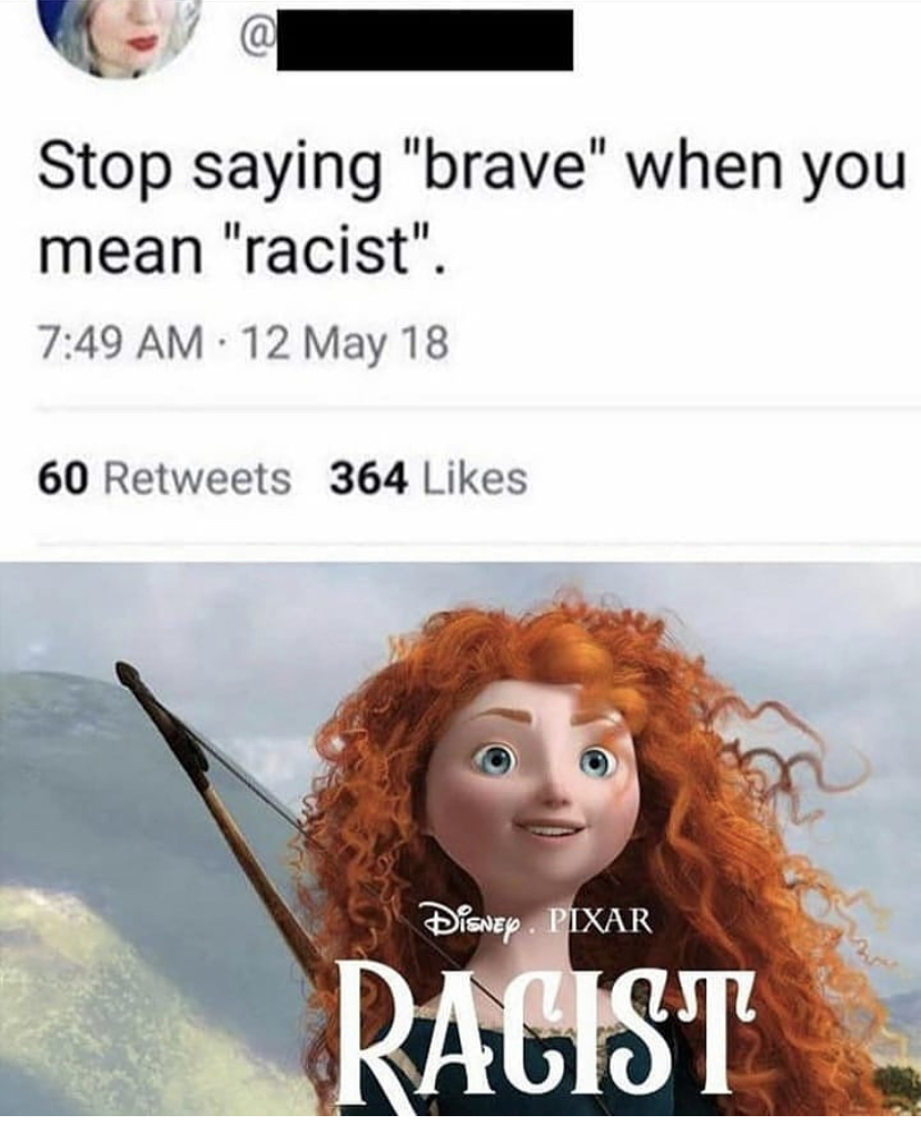 photo caption - Stop saying "brave" when you mean "racist". 12 May 18 60 364 Disney Pixar Racist