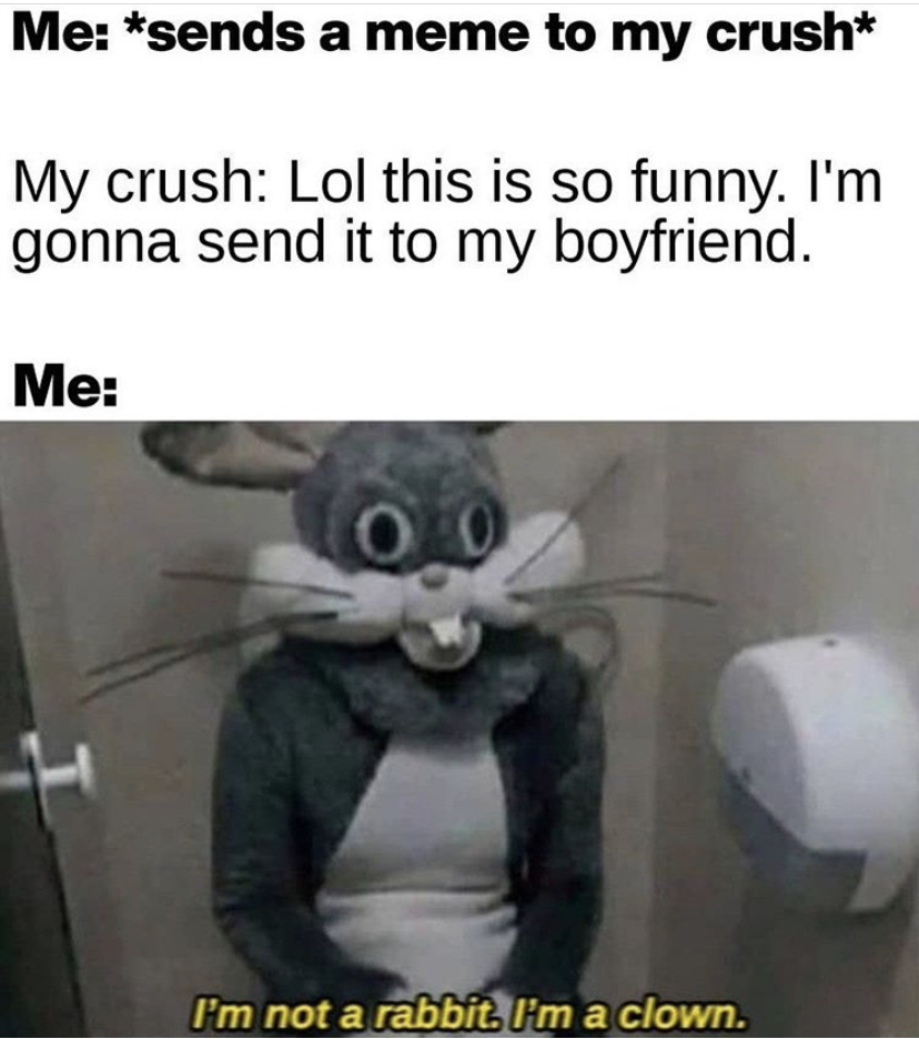 sorry i fell asleep meme - Me sends a meme to my crush My crush Lol this is so funny. I'm gonna send it to my boyfriend. Me I'm not a rabbit. I'm a clown.