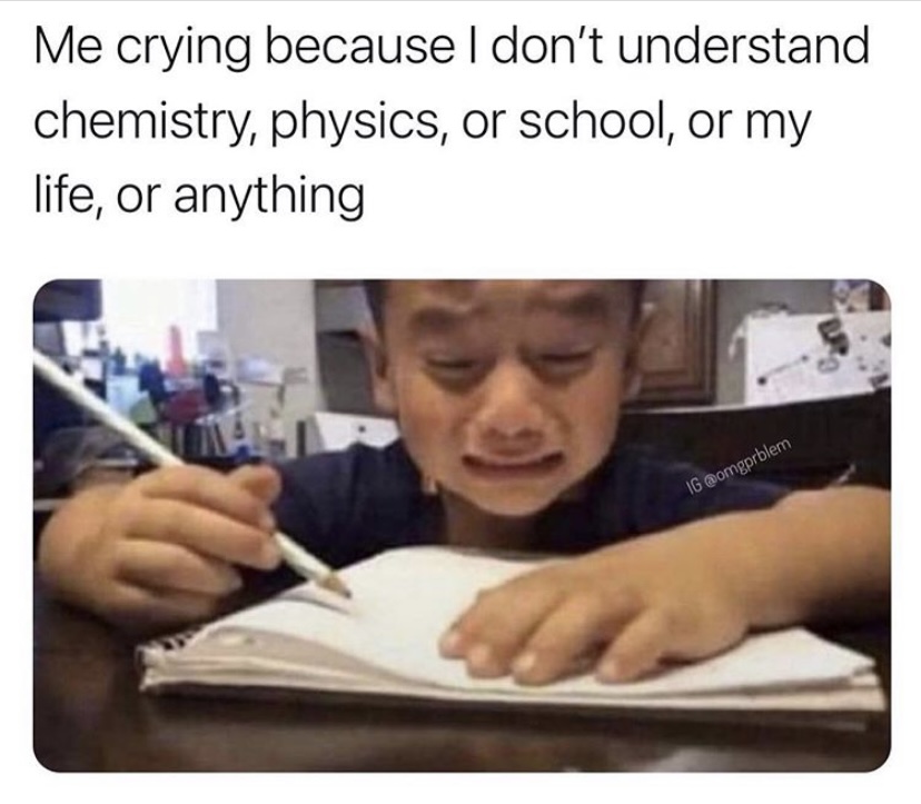 student life problems memes - Me crying because I don't understand chemistry, physics, or school, or my life, or anything Ig
