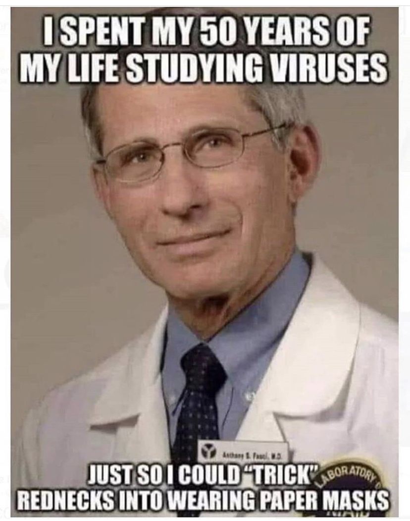 qanon stupid meme - I Spent My 50 Years Of My Life Studying Viruses Just So I Could Trick"Borator Rednecks Into Wearing Paper Masks Gumi