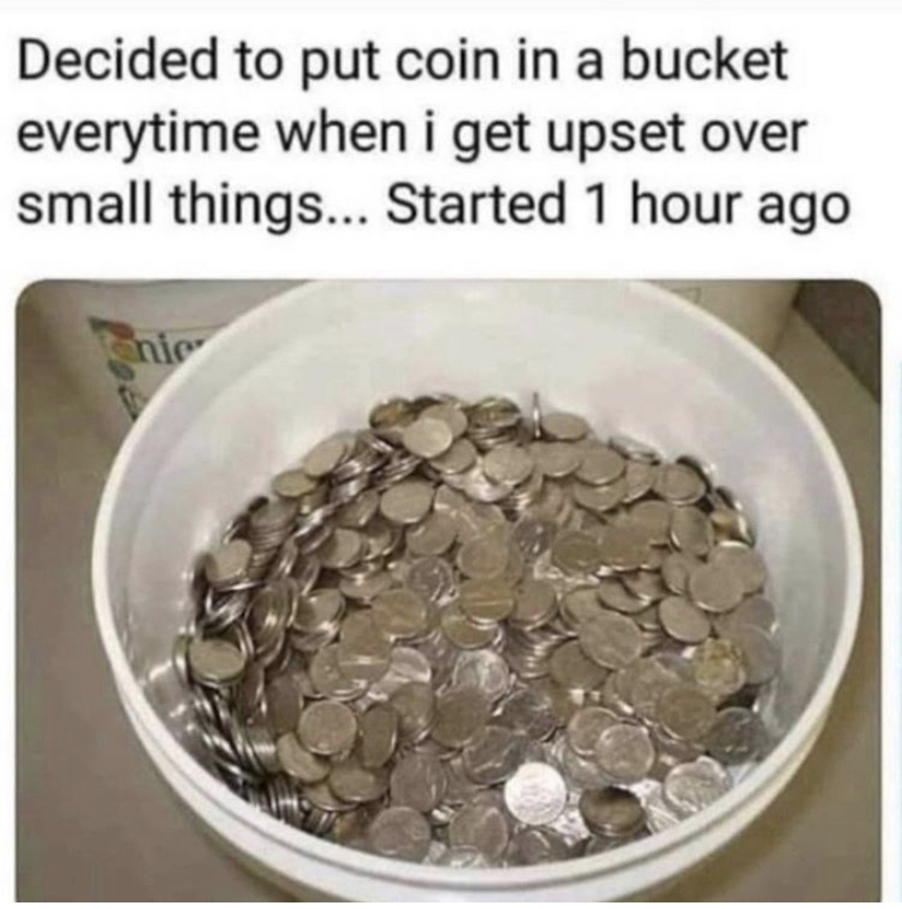 decided to put a coin - Decided to put coin in a bucket everytime when i get upset over small things... Started 1 hour ago nic
