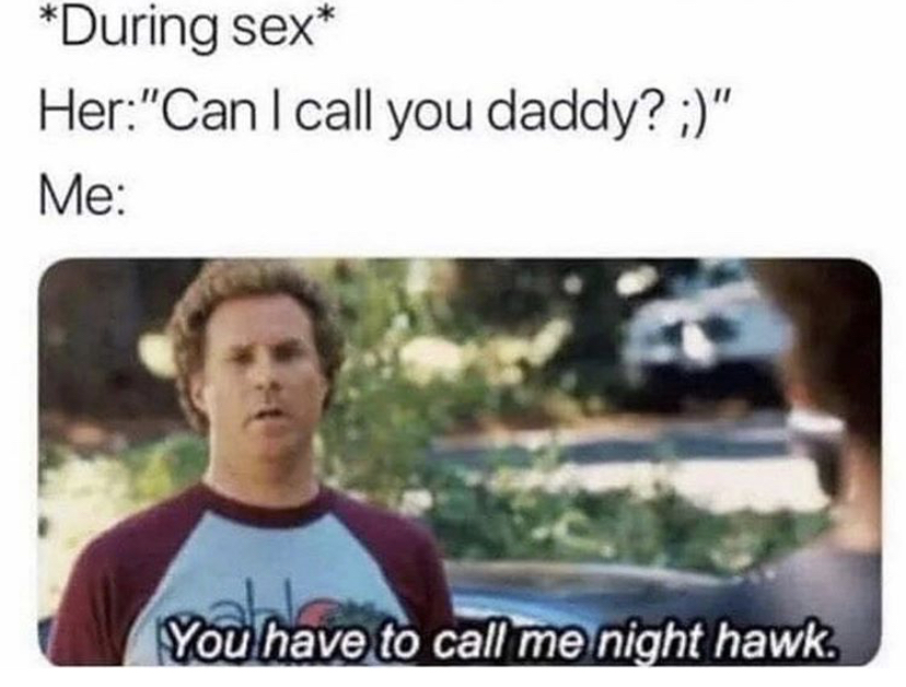 you have to call me nighthawk meme - During sex Her"Can I call you daddy? " Me You have to call me night hawk.