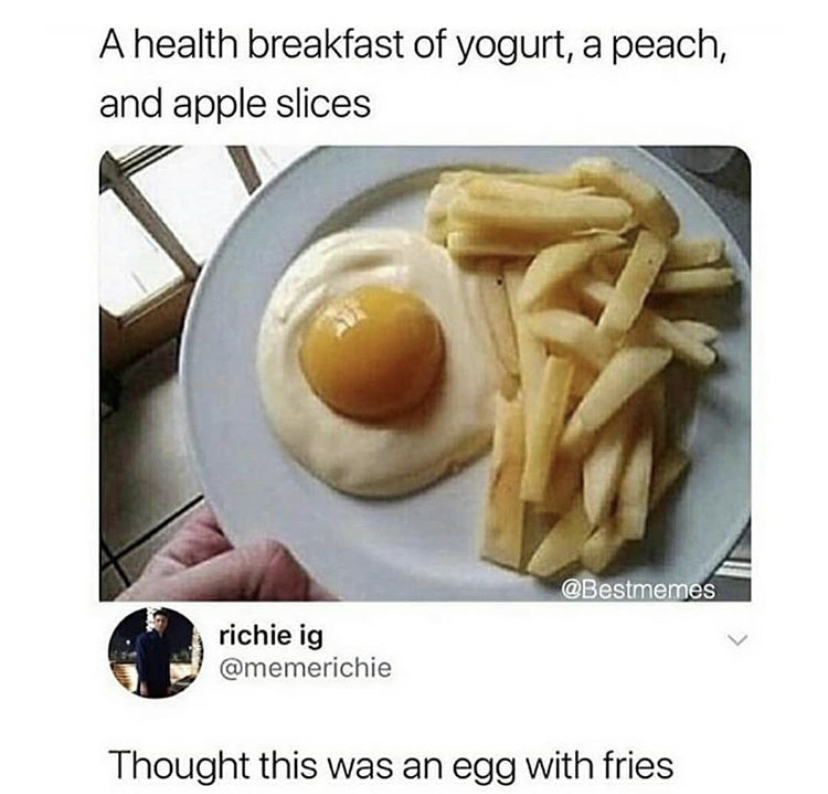 apples yogurt and a peach - A health breakfast of yogurt, a peach, and apple slices richie ig Thought this was an egg with fries