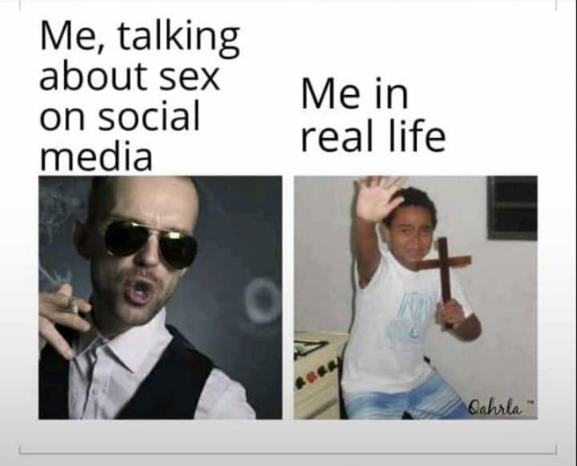 roommate memes - Me, talking about sex on social media Me in real life Aker Qahrla