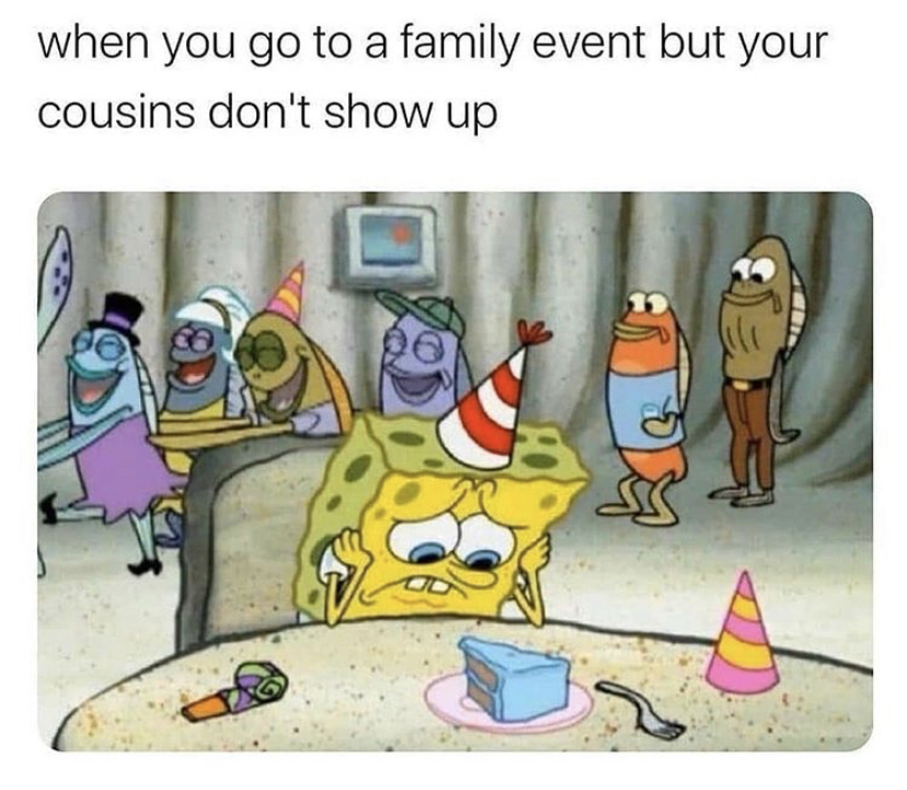 cartoon - when you go to a family event but your cousins don't show up