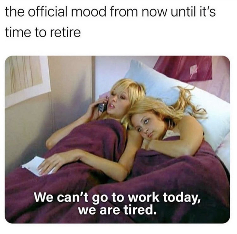 photo caption - the official mood from now until it's time to retire We can't go to work today, we are tired.