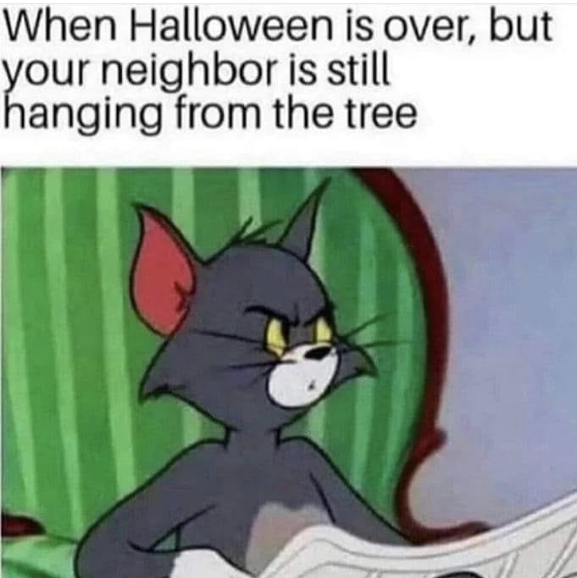 tom and jerry meme - When Halloween is over, but your neighbor is still hanging from the tree