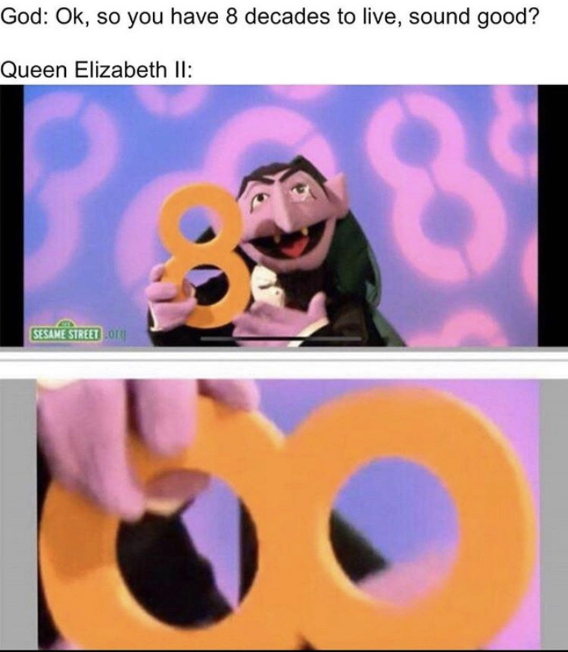 akali nerf meme - God Ok, so you have 8 decades to live, sound good? Queen Elizabeth Ii 8. Sesame Street S.