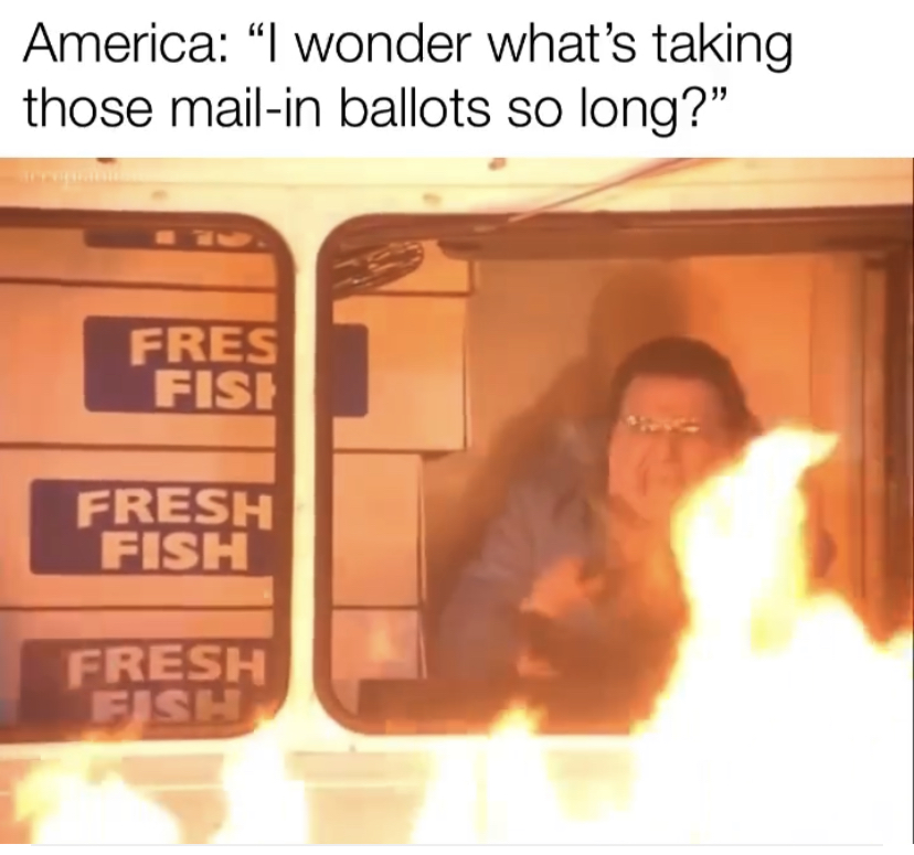 copyright statement - America I wonder what's taking those mailin ballots so long?" Fres Fise Fresh Fish Fresh Fish
