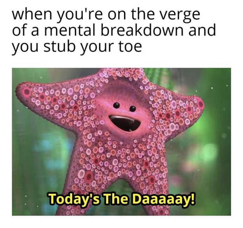 you re on the verge - when you're on the verge of a mental breakdown and you stub your toe Today's The Daaaaay!