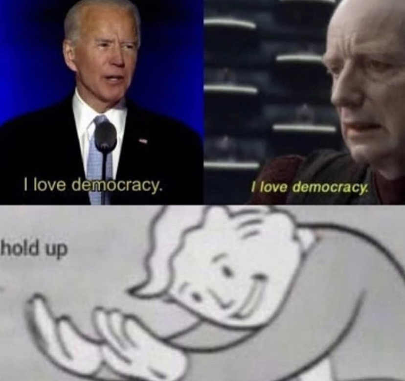 hold up fallout boy meme - I love democracy. I love democracy. hold up