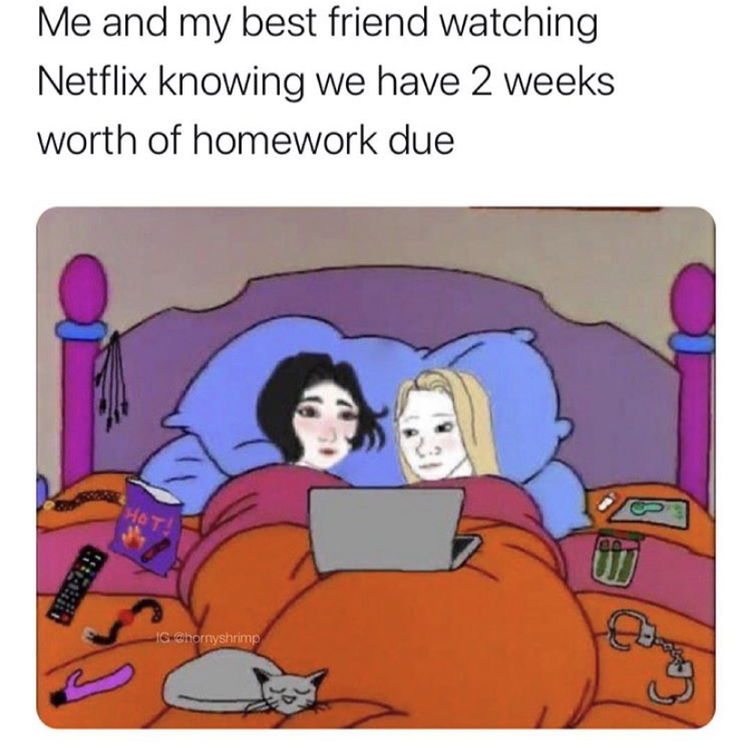 Me and my best friend watching Netflix knowing we have 2 weeks worth of homework due