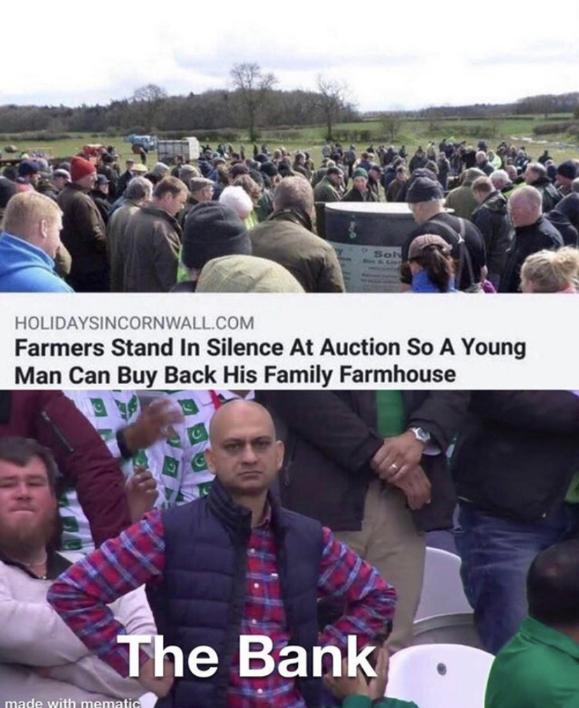sprouts farmers market memes - Holidaysincornwall.Com Farmers Stand In Silence At Auction So A Young Man Can Buy Back His Family Farmhouse The Bank made with mematic