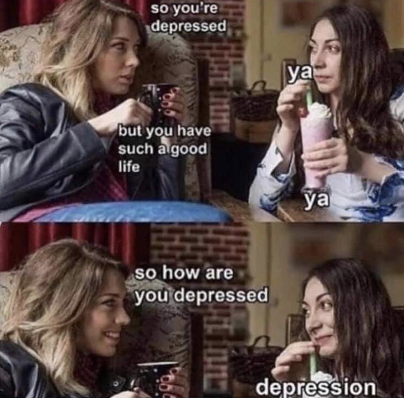 you depressed you have a good life meme - so you're depressed ya but you have such a good life ya so how are you depressed depression