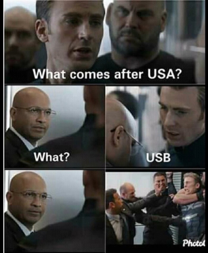 captain america dad jokes - What comes after Usa? What? Usb Photo