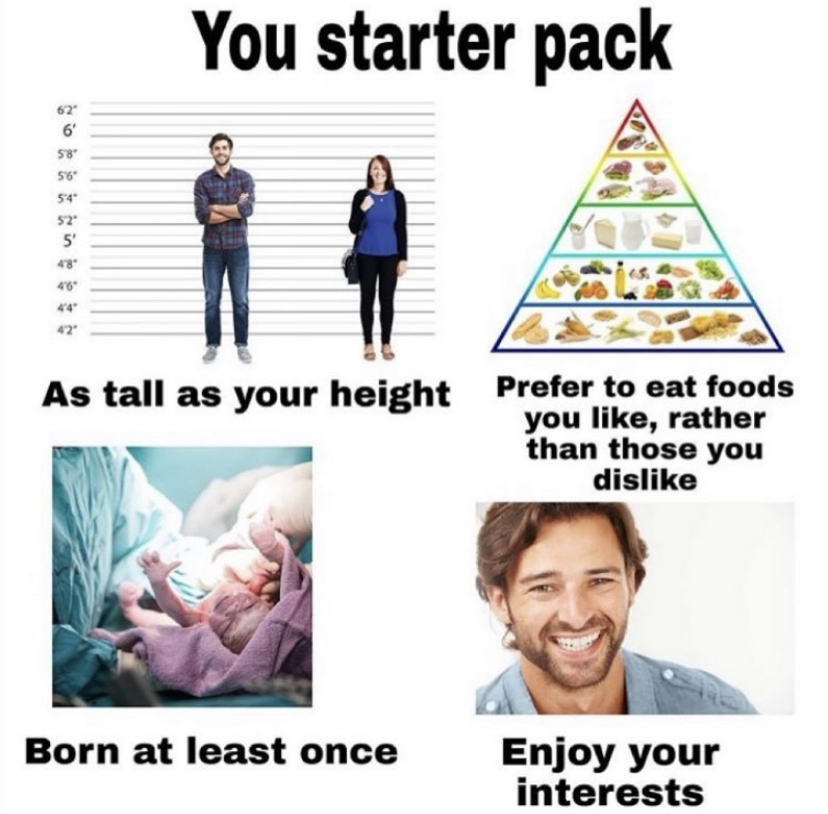 Starter pack - You starter pack 62" 6' 58 56 54" 52 5' As tall as your height Prefer to eat foods you , rather than those you dis Born at least once Enjoy your interests