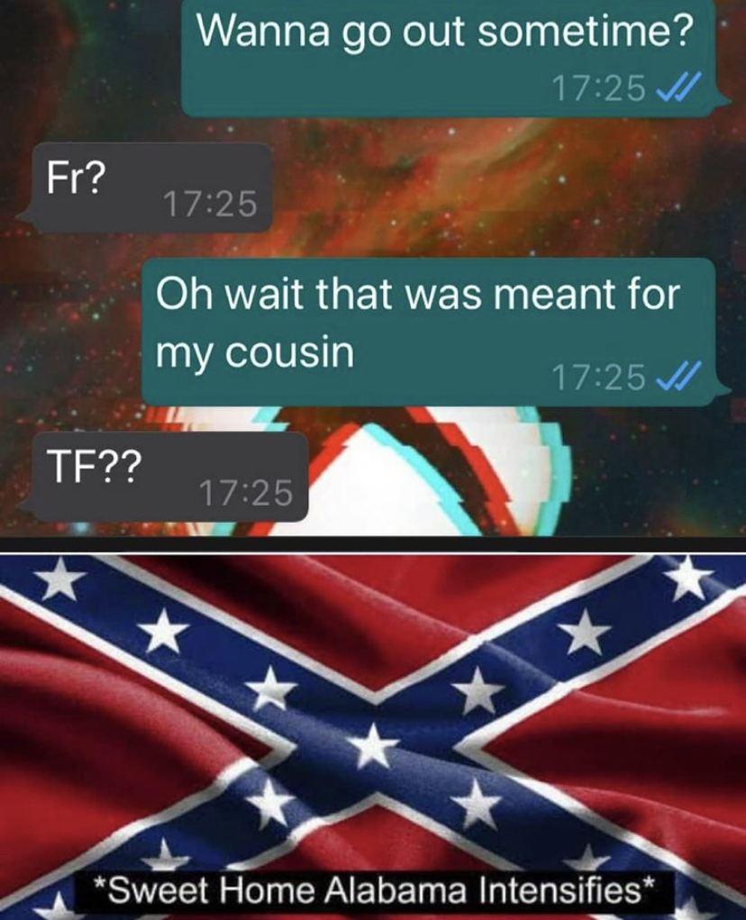 confederate flag memes - Wanna go out sometime? Fr? Oh wait that was meant for my cousin 11 Tf?? Sweet Home Alabama Intensifies