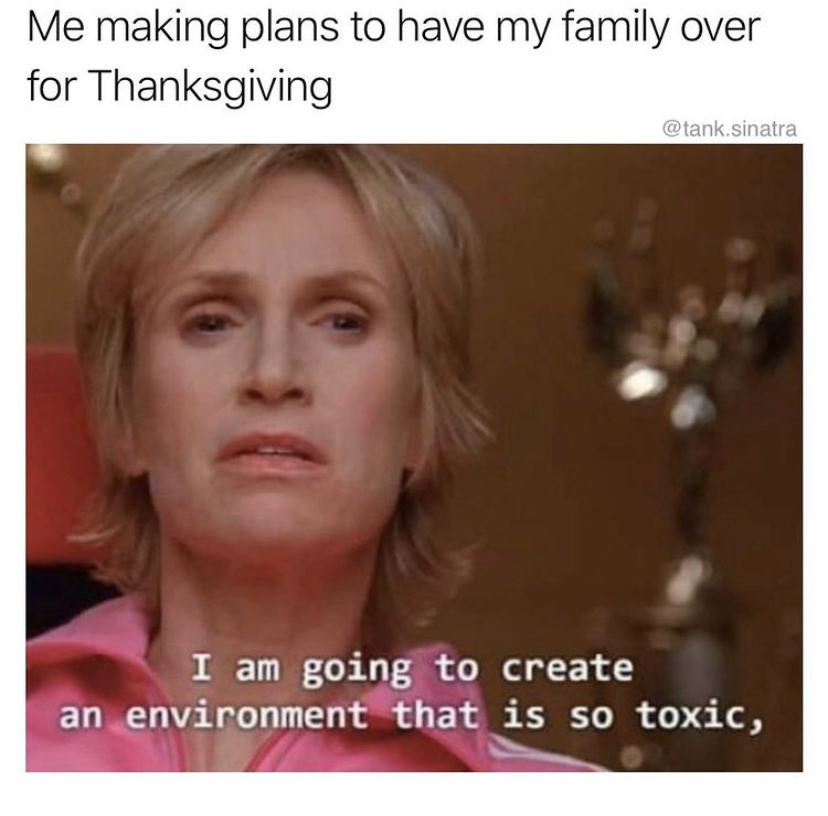 funny memes - am going to create an environment - Me making plans to have my family over for Thanksgiving sinatra I am going to create an environment that is so toxic,