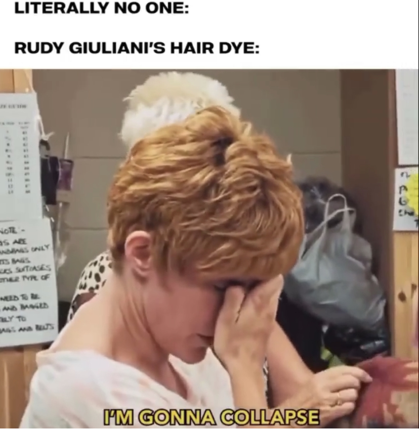 funny memes - blond - Literally No One Rudy Giuliani'S Hair Dye C Fl I'M Gonna Collapse