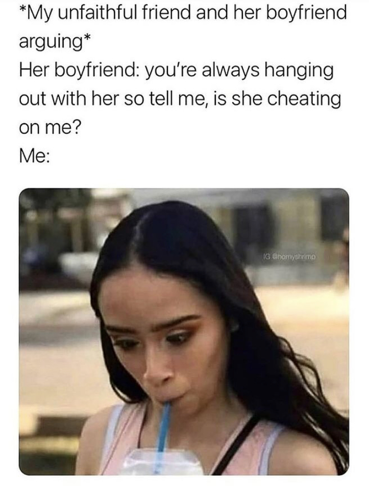 funny memes - Internet meme - My unfaithful friend and her boyfriend arguing Her boyfriend you're always hanging out with her so tell me, is she cheating on me? Me 16 anoryahrimp