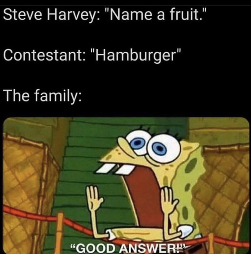 funny memes - cis people when you misgender their dog - Steve Harvey "Name a fruit." Contestant "Hamburger" The family "Good Answer!