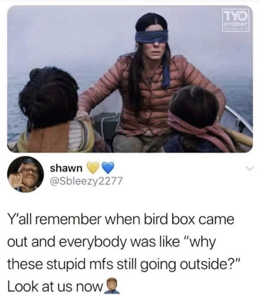bird box meaning - Tyo Didday shawn Y'all remember when bird box came out and everybody was "why these stupid mfs still going outside?" Look at us now