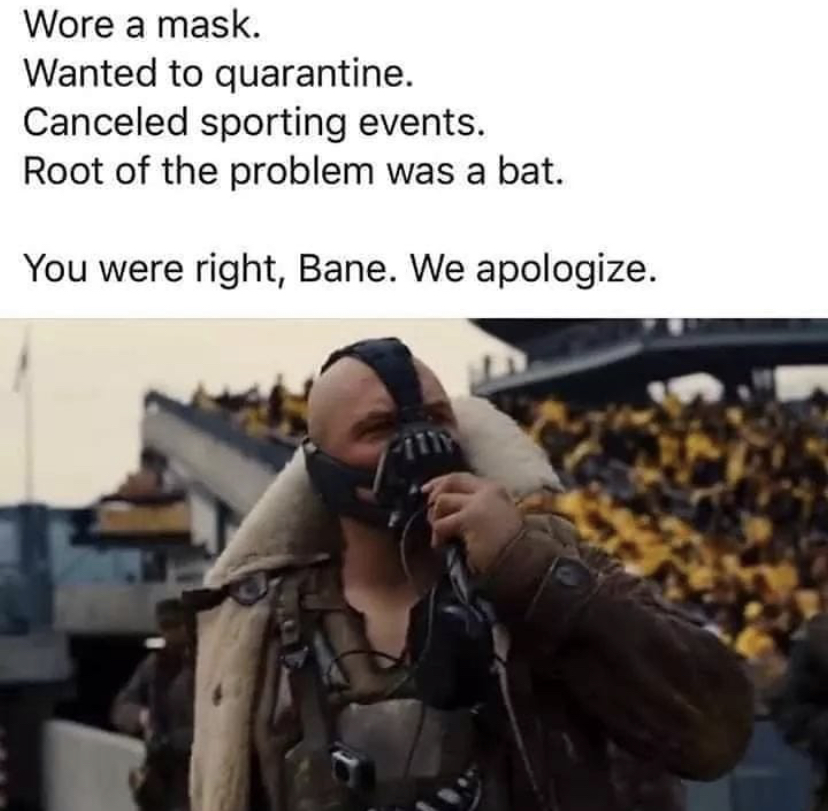 meme bane coronavirus - Wore a mask. Wanted to quarantine. Canceled sporting events. Root of the problem was a bat. You were right, Bane. We apologize.