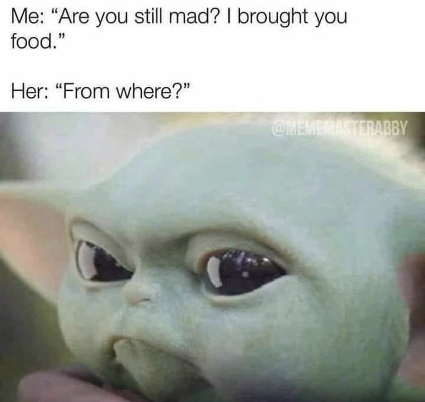 baby yoda mad meme - Me "Are you still mad? I brought you food." Her "From where?" Masterabby