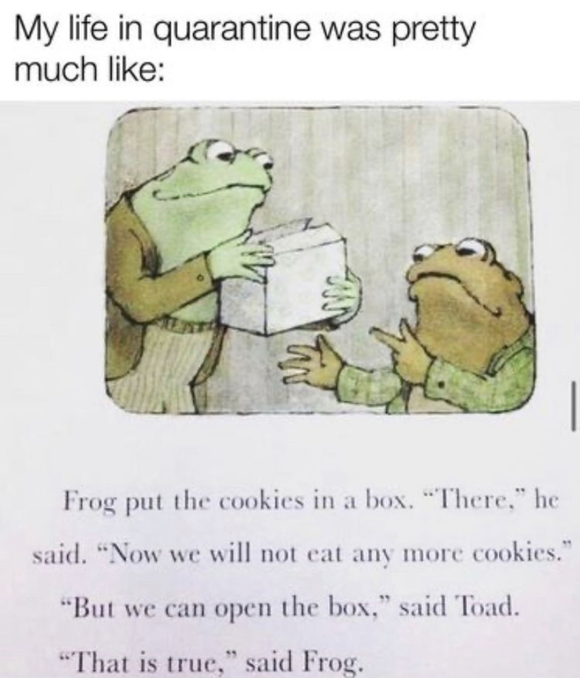 frog and toad we can open the box - My life in quarantine was pretty much Frog put the cookies in a box. "There," he said. "Now we will not eat any more cookies." But we can open the box," said Toad. "That is true," said Frog.
