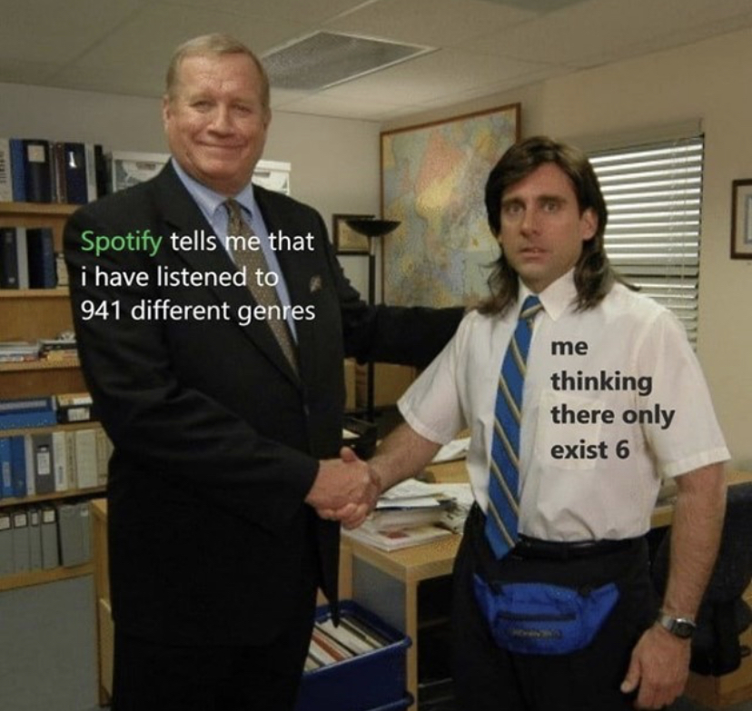 office handshake meme template - Spotify tells me that i have listened to 941 different genres me thinking there only exist 6