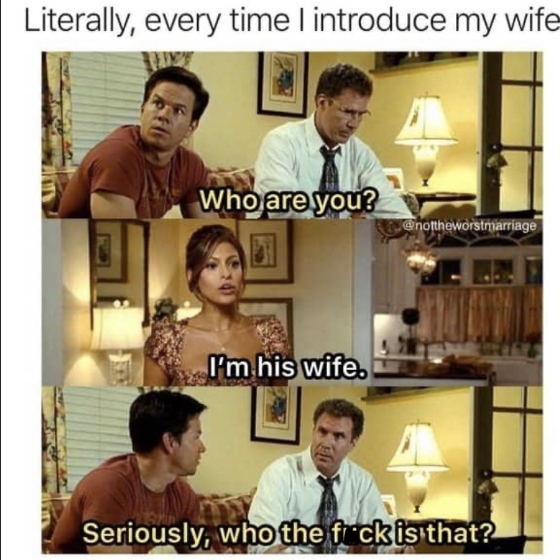 funny memes - conversation - Literally, every time I introduce my wife Who are you? I'm his wife. Seriously, who the fuck is that?