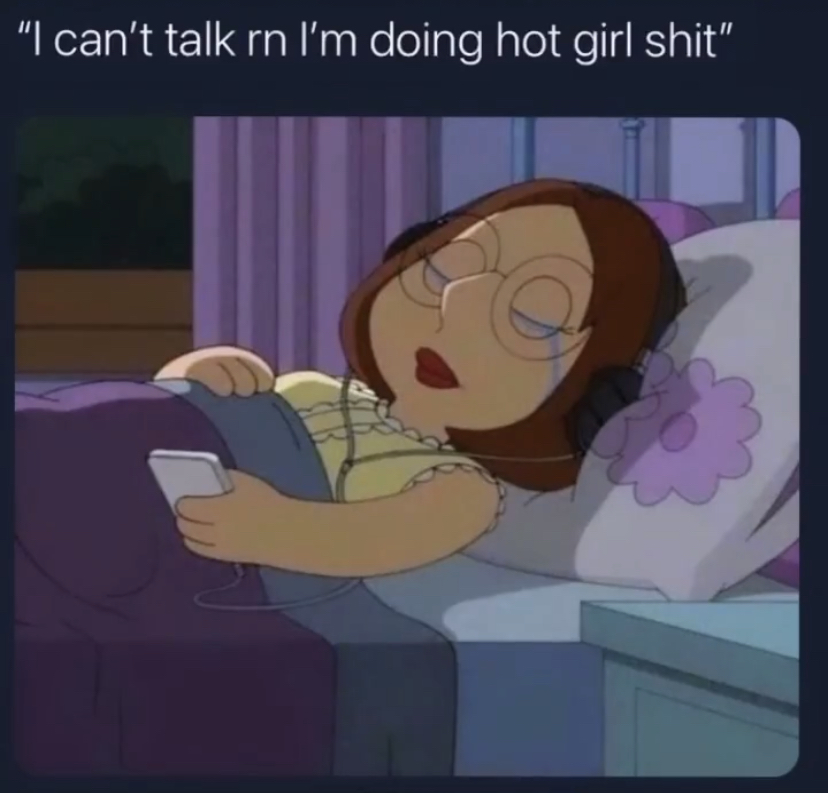 meg crying in bed meme - "I can't talk rn I'm doing hot girl shit"
