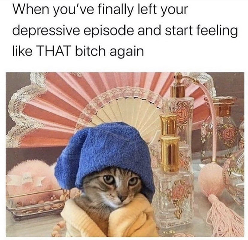 photo caption - When you've finally left your depressive episode and start feeling That bitch again