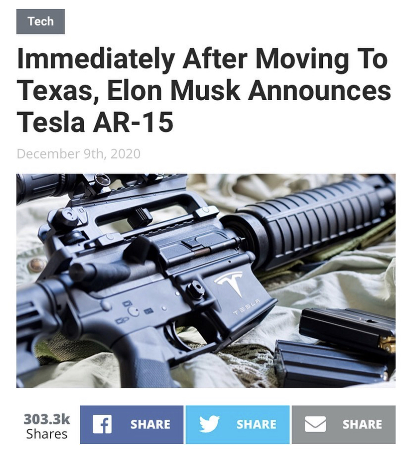 firearm - Tech Immediately After Moving To Texas, Elon Musk Announces Tesla Ar15 December 9th, 2020 f Y