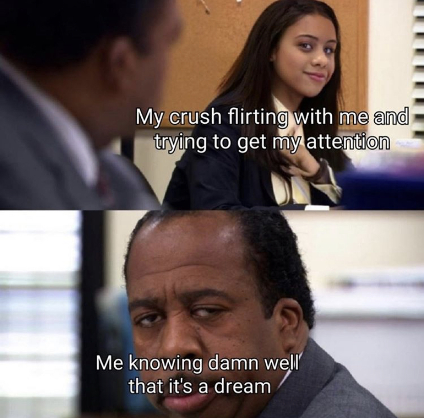 office stanley and martin meme - My crush flirting with me and trying to get my attention Me knowing damn well that it's a dream