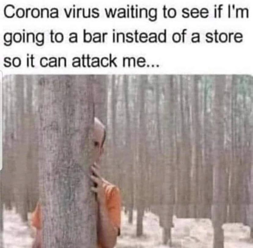rona waiting for me - Corona virus waiting to see if I'm going to a bar instead of a store so it can attack me...