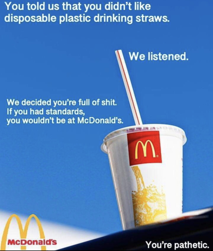 paper straw meme - You told us that you didn't disposable plastic drinking straws. We listened. We decided you're full of shit. If you had standards, you wouldn't be at McDonald's. McDonald's You're pathetic.