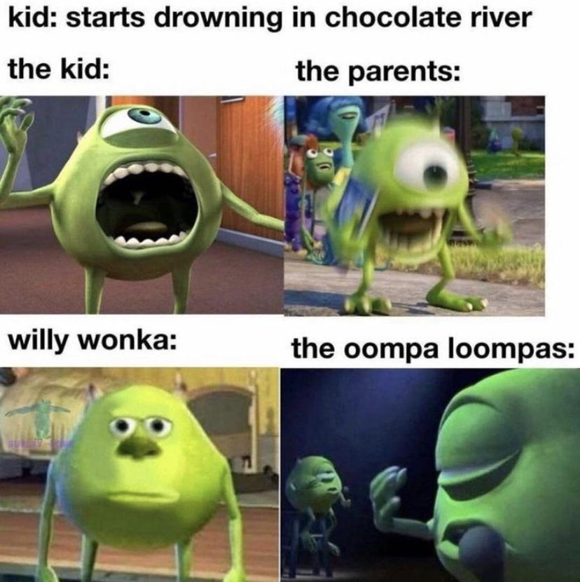 mike wazowski willy wonka meme - kid starts drowning in chocolate river the kid the parents willy wonka the oompa loompas