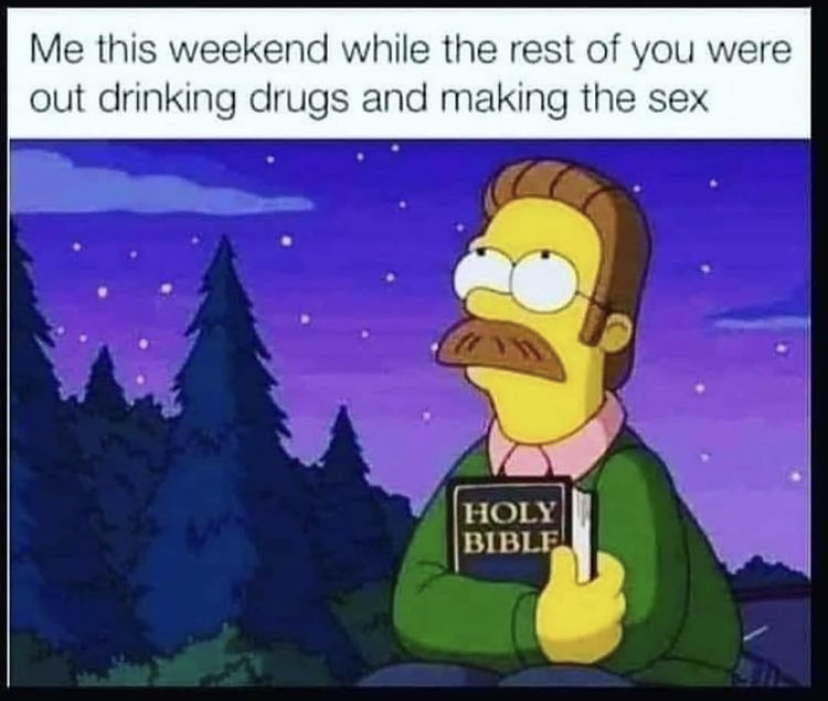 ned flanders - Me this weekend while the rest of you were out drinking drugs and making the sex Holy Bible