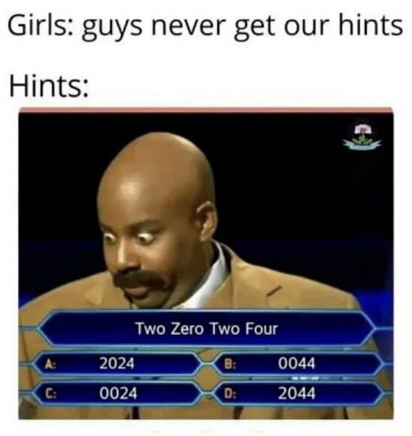 two zero two four - Girls guys never get our hints Hints Two Zero Two Four 2024 B 0044 0024 D 2044