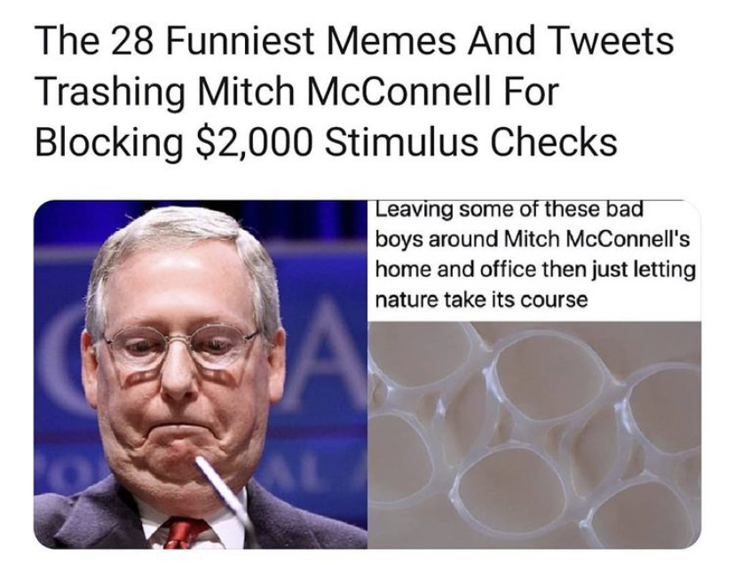 plastic 6 pack rings - The 28 Funniest Memes And Tweets Trashing Mitch McConnell For Blocking $2,000 Stimulus Checks Leaving some of these bad boys around Mitch McConnell's home and office then just letting nature take its course A