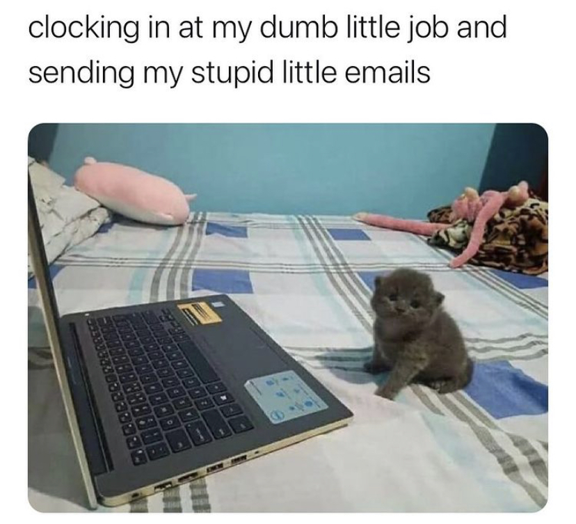 clocking in at my dumb little job and sending my stupid little emails