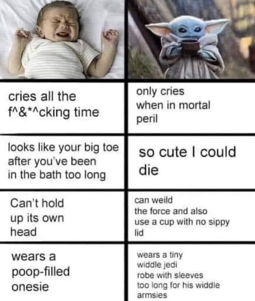 baby yoda so cute meme - cries all the f^&^cking time only cries when in mortal peril looks your big toe after you've been in the bath too long so cute I could die Can't hold up its own head can weild the force and also use a cup with no sippy lid wears a