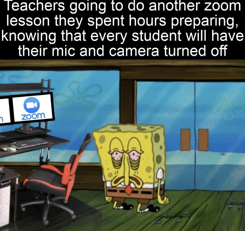 cartoon - Teachers going to do another zoom lesson they spent hours preparing, knowing that every student will have their mic and camera turned off zoom