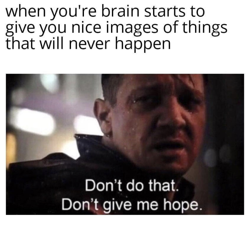 have hope meme - when you're brain starts to give you nice images of things that will never happen Don't do that. Don't give me hope.