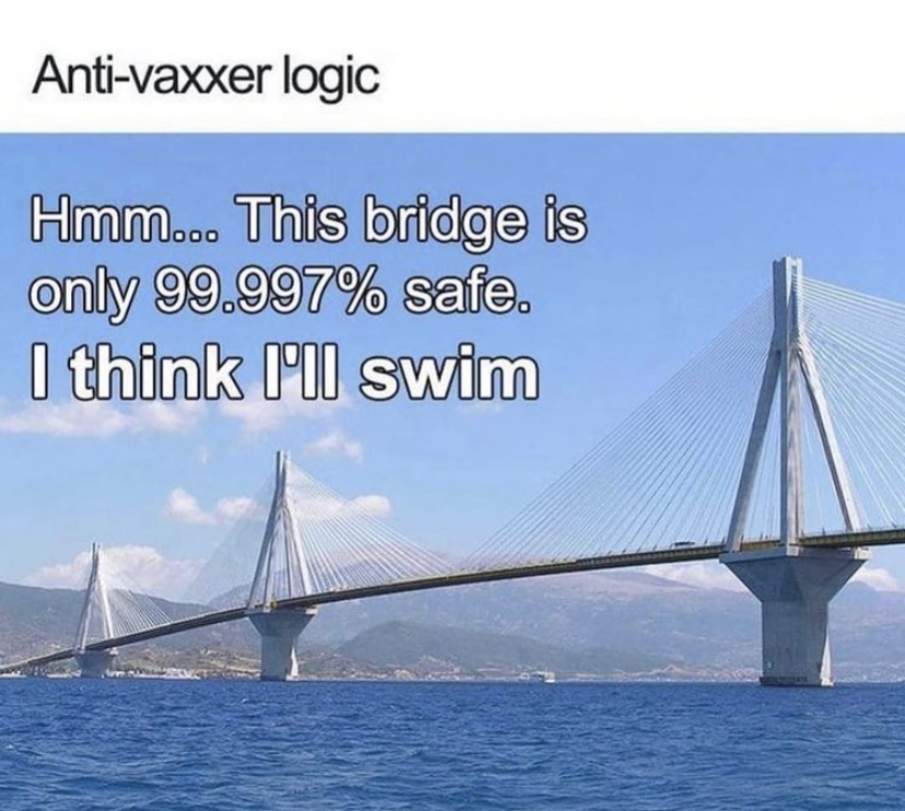 bridge is 99.99 safe - Antivaxxer logic Hmm... This bridge is only 99.997% safe. I think I'll swim