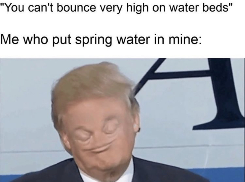 head - "You can't bounce very high on water beds" Me who put spring water in mine