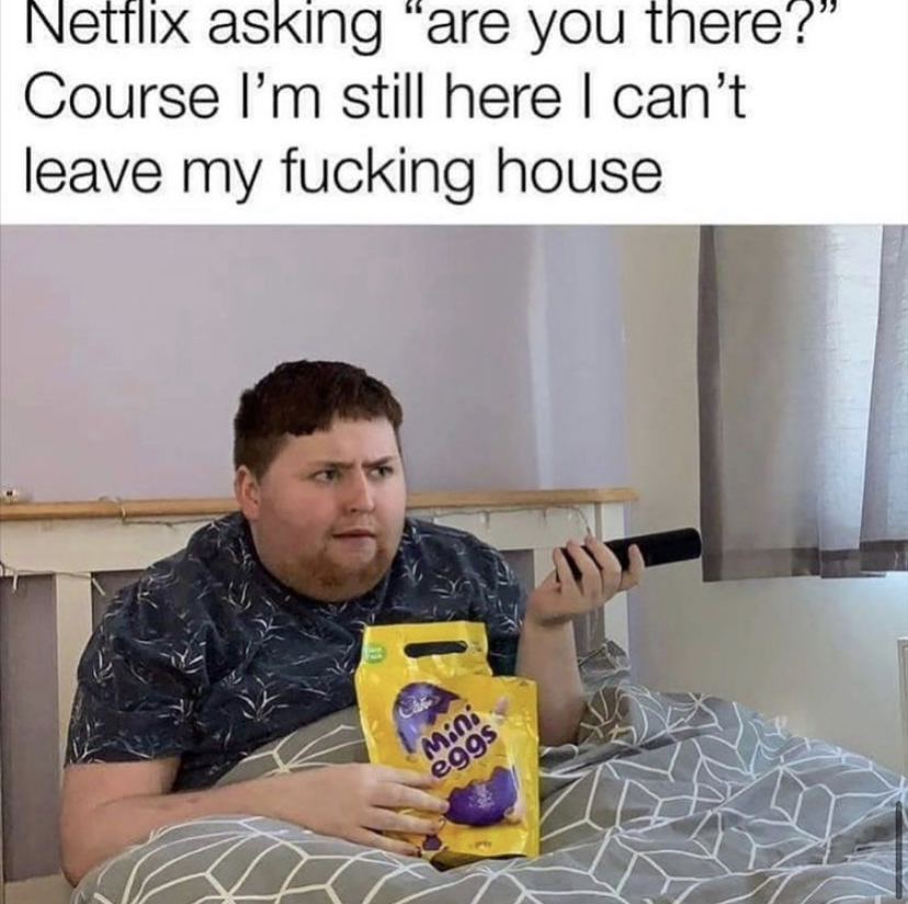 photo caption - Netflix asking "are you there?" Course I'm still here I can't leave my fucking house Mini eggs