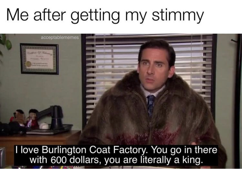 michael scott burlington coat factory - Me after getting my stimmy acceptablememes I love Burlington Coat Factory. You go in there with 600 dollars, you are literally a king.